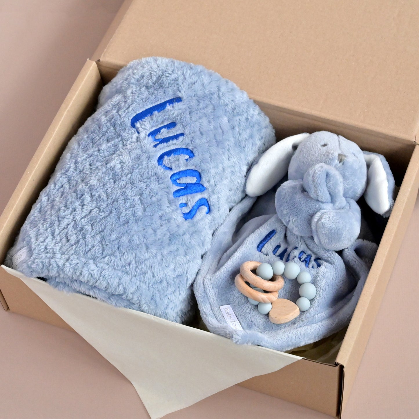 Personalised Dusty Blue Gift Set For Baby Boy