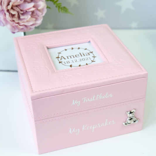 Personalised Baby Keepsake And Photo Box In Pink