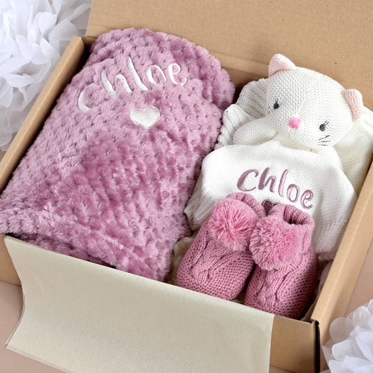 Personalised New Baby Girl Mauve Gift Set