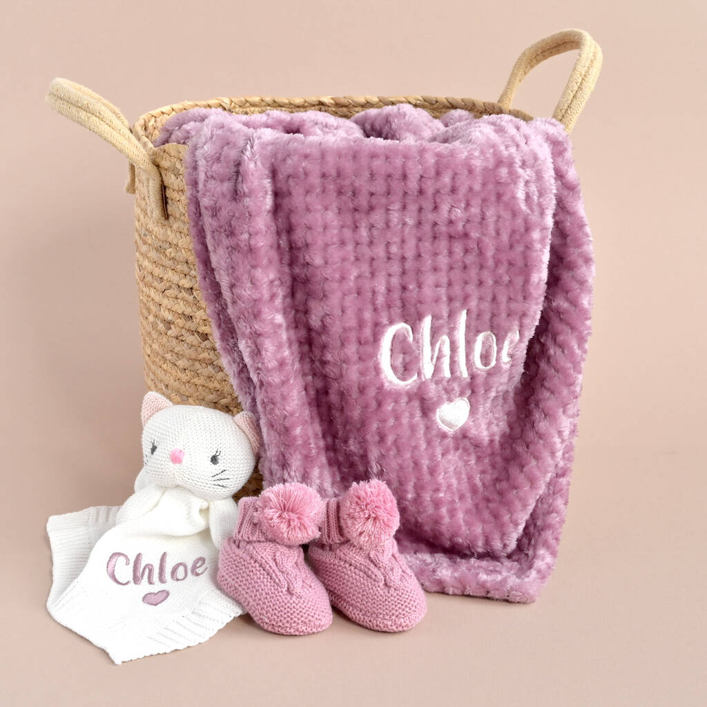 Personalised New Baby Girl Mauve Gift Set