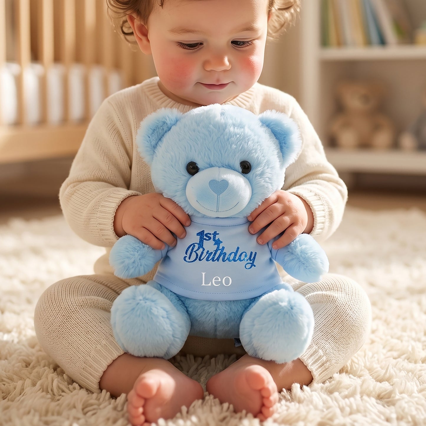 Blue teddy bear soft toy wearing a white t-shirt printed with "1st Birthday" in blue glitter, personalised with the name Leo, held by a baby.