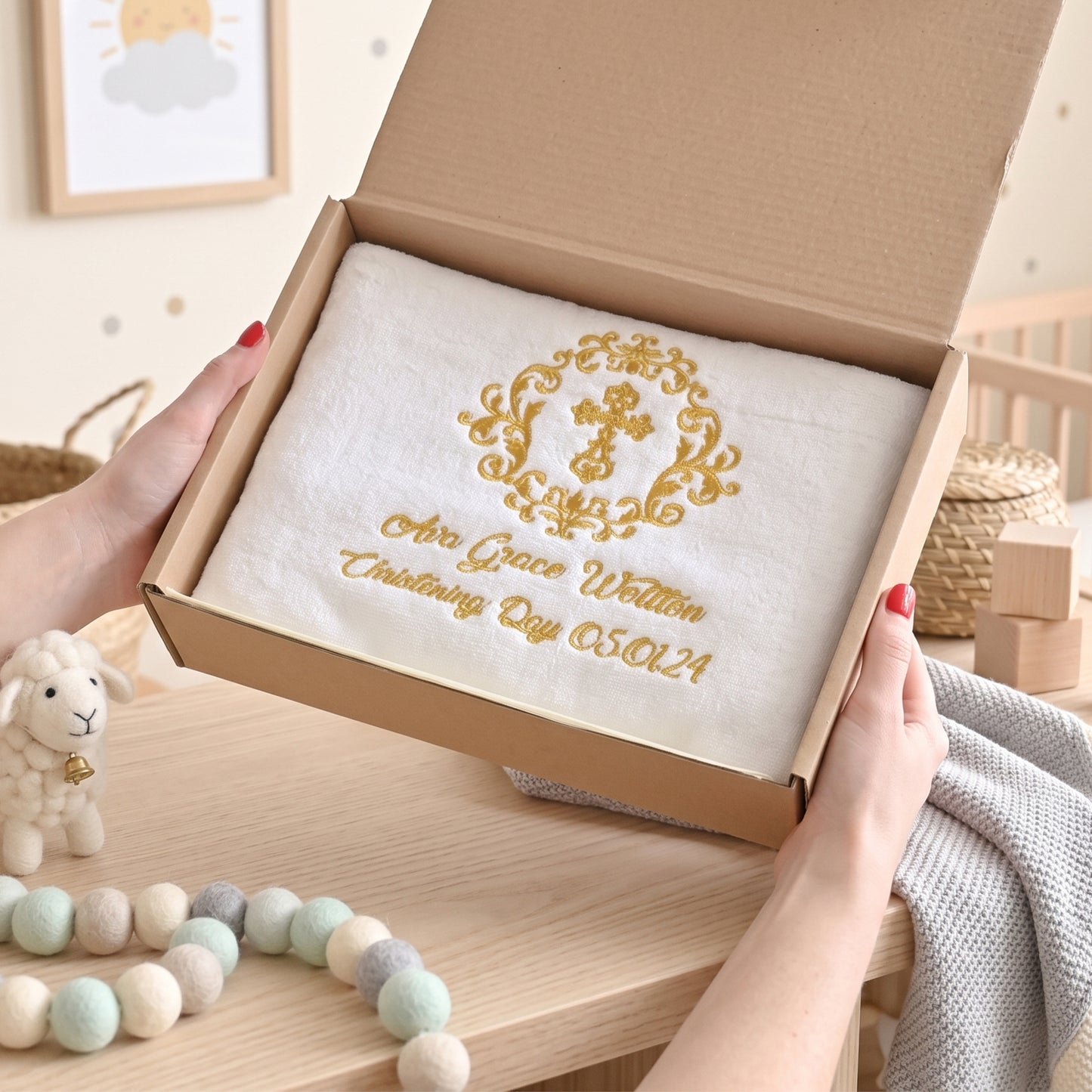 Personalised Christening Bath Towel – Gold Wreath & Cross