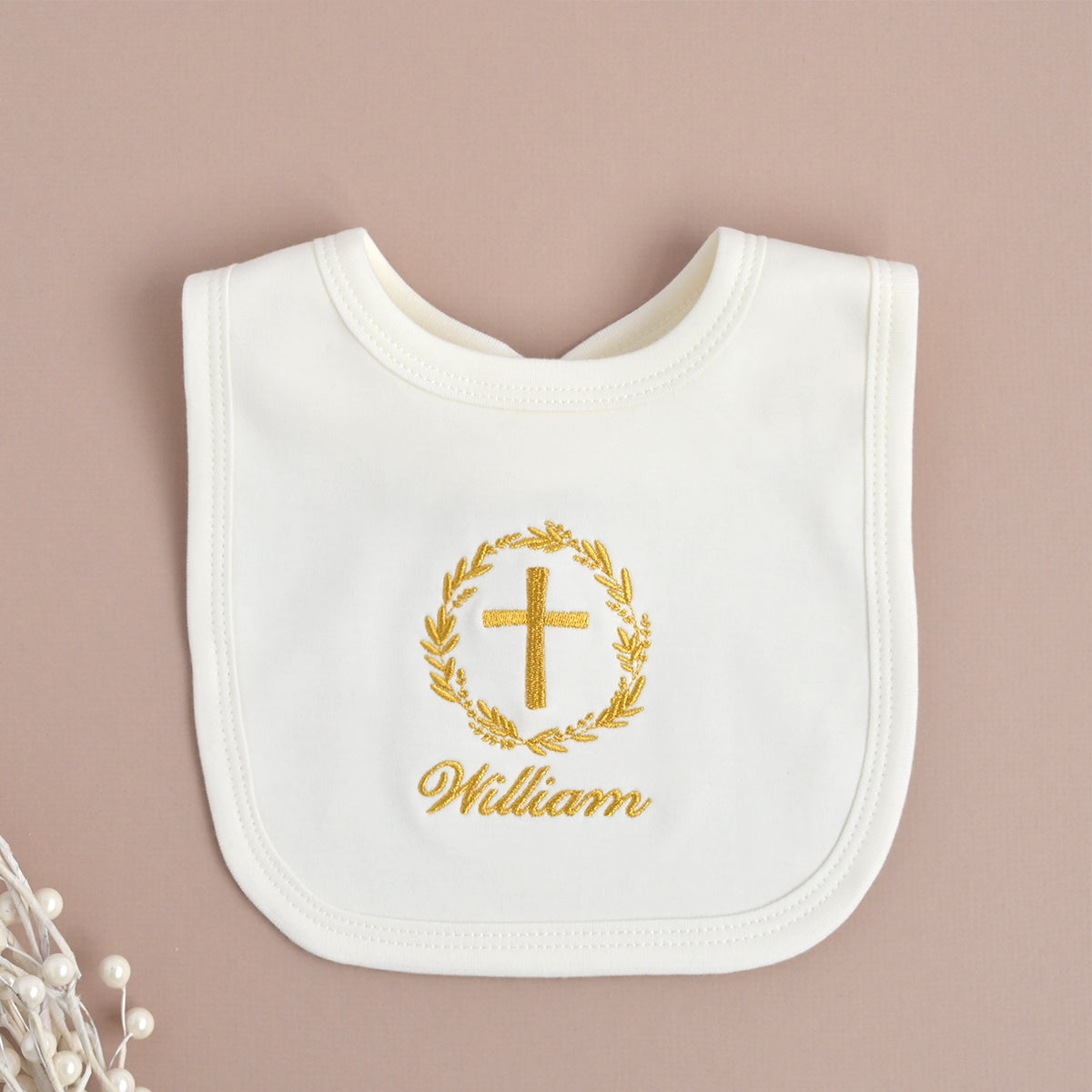 Personalised Christening Bib – Cream, Gold Wreath & Cross