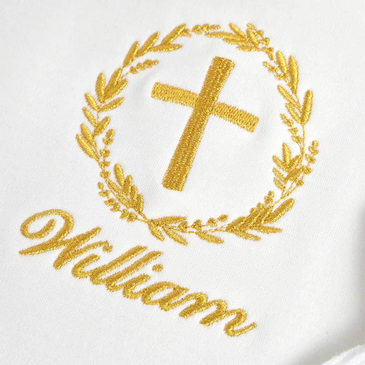 Personalised Christening Bib – Cream, Gold Wreath & Cross