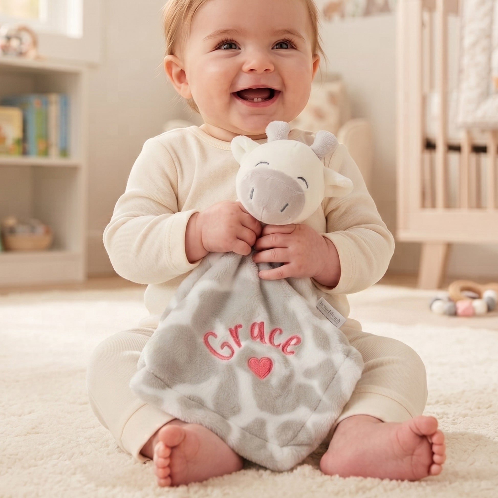A smiling baby sitting on a cream carpet in a nursery, holding a plush giraffe security blanket with the name 'Grace' and a pink heart embroidered on it.