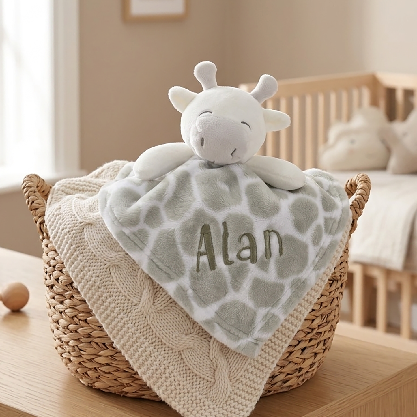 A personalized baby blanket with a plush giraffe toy, displayed in a woven basket on a wooden table in a nursery setting. The blanket features a light gray and white giraffe pattern with the name 'Alan' embroidered on it, layered over a cream cable-knit blanket.