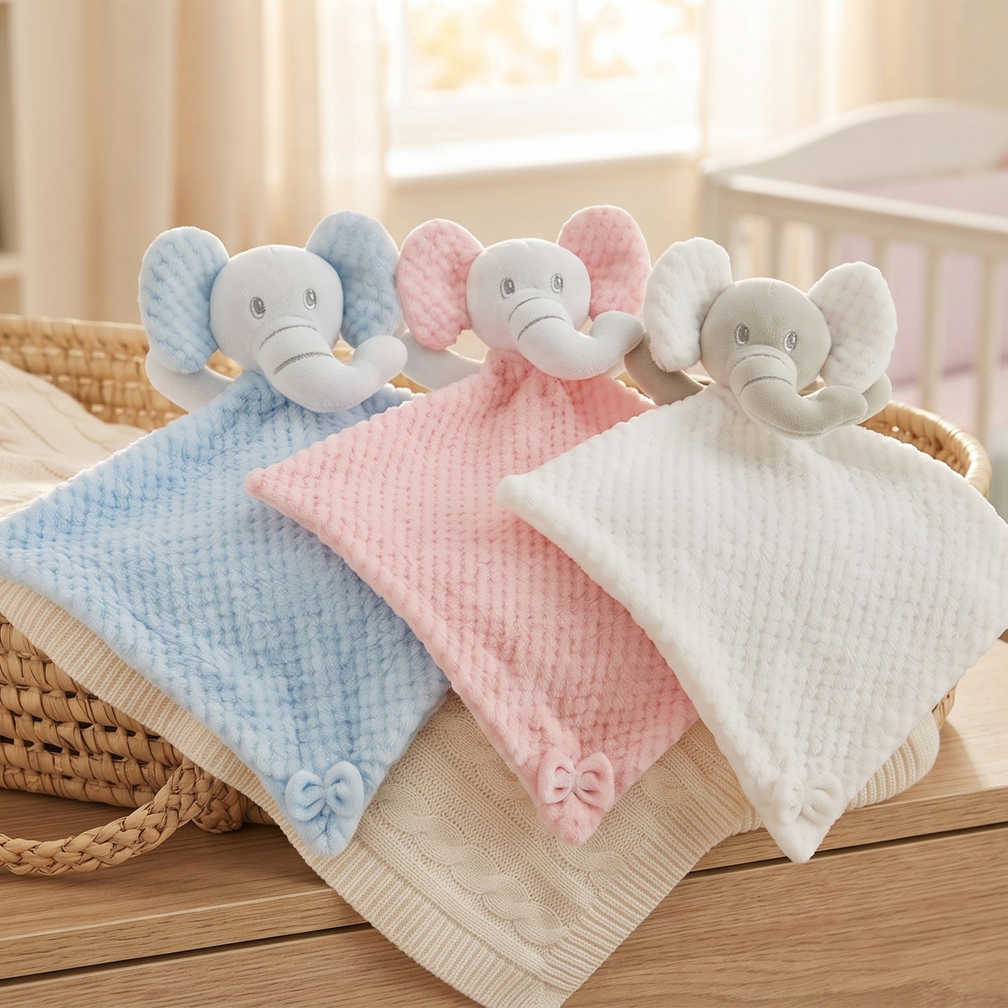 Three soft elephant-shaped baby security blankets in light blue, pink, and white, arranged in a woven basket on a wooden surface in a softly lit nursery setting.