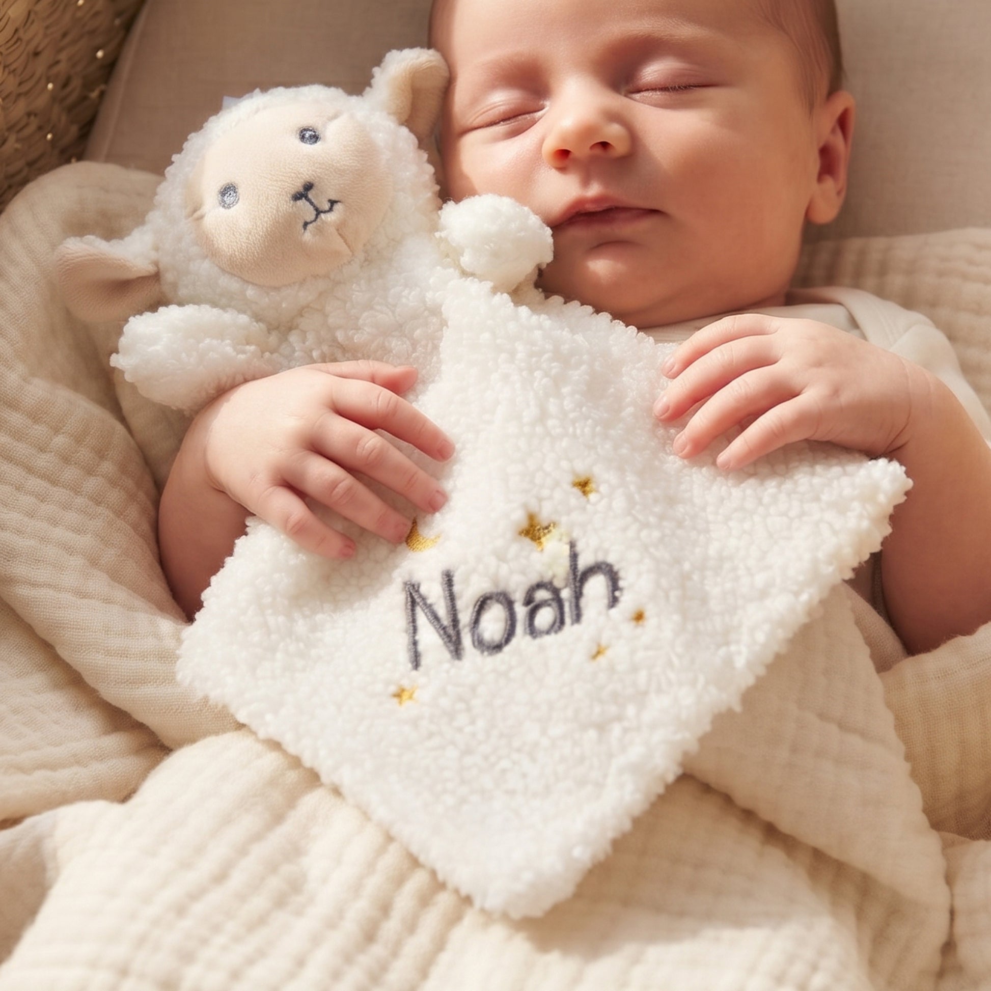 A sleeping newborn baby wrapped in a cream blanket, holding a plush white sheep security blanket with the name 'Noah' embroidered on it.
