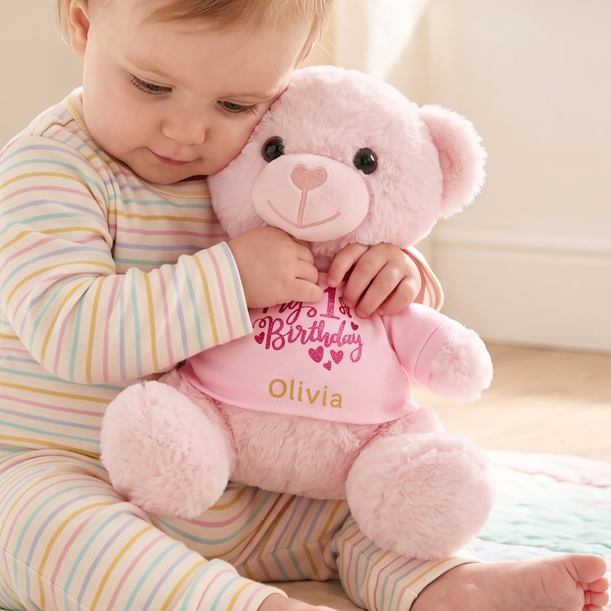 Pink teddy bear soft toy wearing a pink t-shirt printed with "My 1st Birthday" in glitter script and hearts, personalised with the name Olivia in gold, held by a baby.
