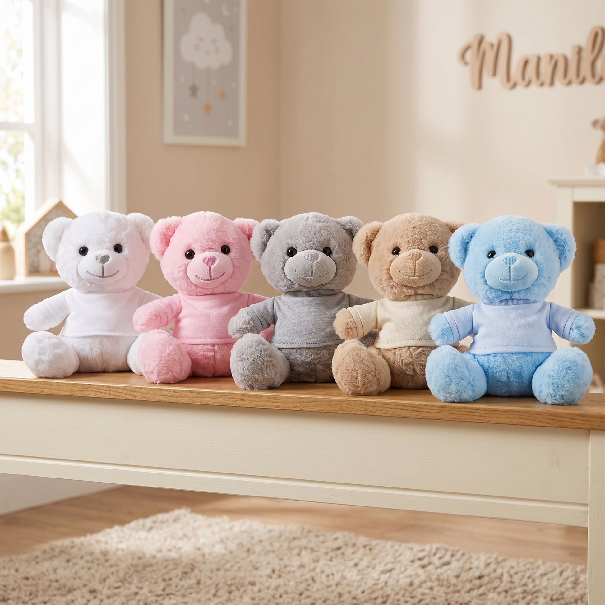 Four plush teddy bears in white, pink, gray, and blue sit side by side on a wooden table in a softly lit nursery or playroom setting.