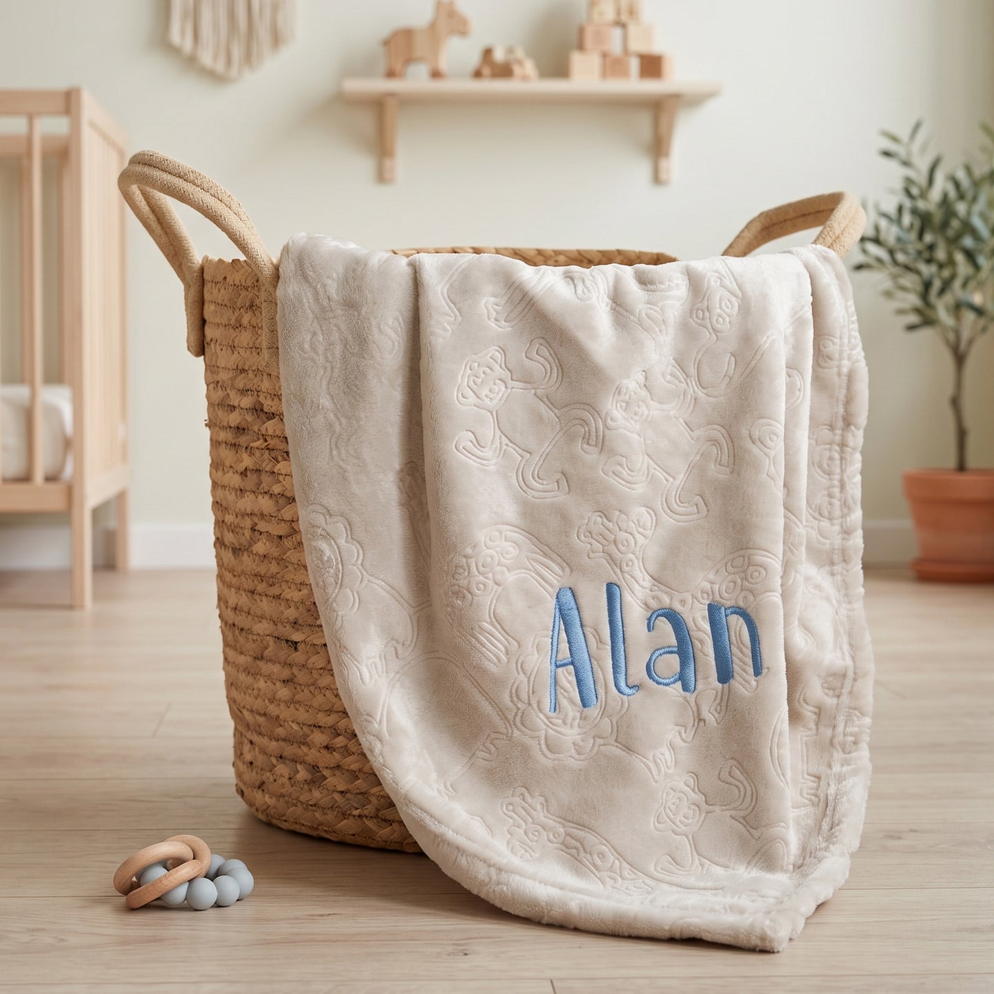A cream-colored plush blanket with an embossed cloud pattern and personalized blue embroidery reading 'Alan', draped over a woven straw basket in a softly lit nursery setting.