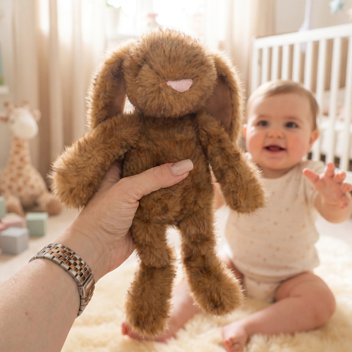 Tan recycled fabric bunny soft toy with long floppy ears, personalised with the name Noah embroidered on one ear, held up near a smiling baby.