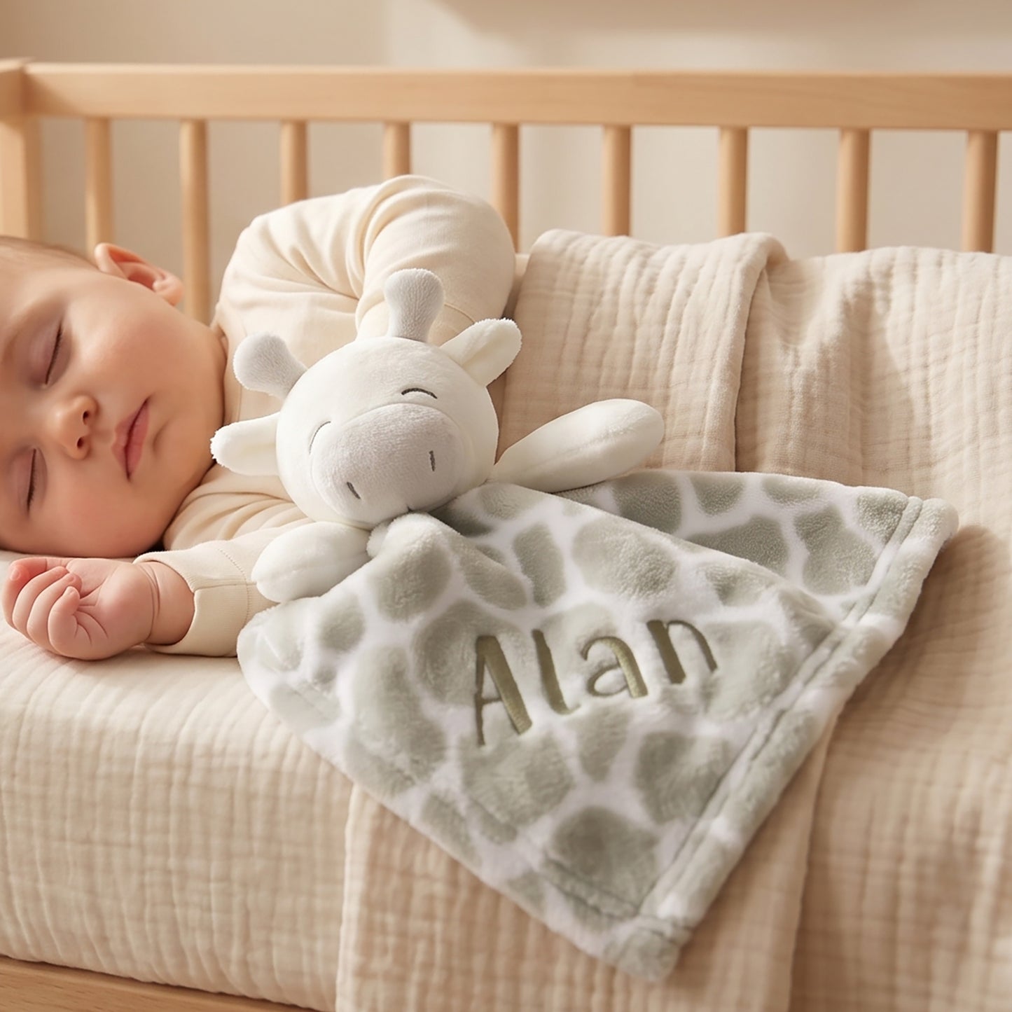 A sleeping baby tucked in bed with a personalized giraffe security blanket and plush toy. The blanket is light sage green with a white giraffe pattern and the name 'Alan' embroidered in green.
