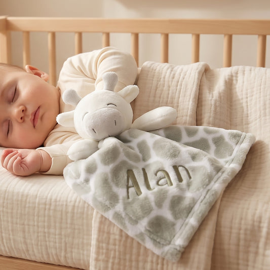 A sleeping baby tucked in bed with a personalized giraffe security blanket and plush toy. The blanket is light sage green with a white giraffe pattern and the name 'Alan' embroidered in green.