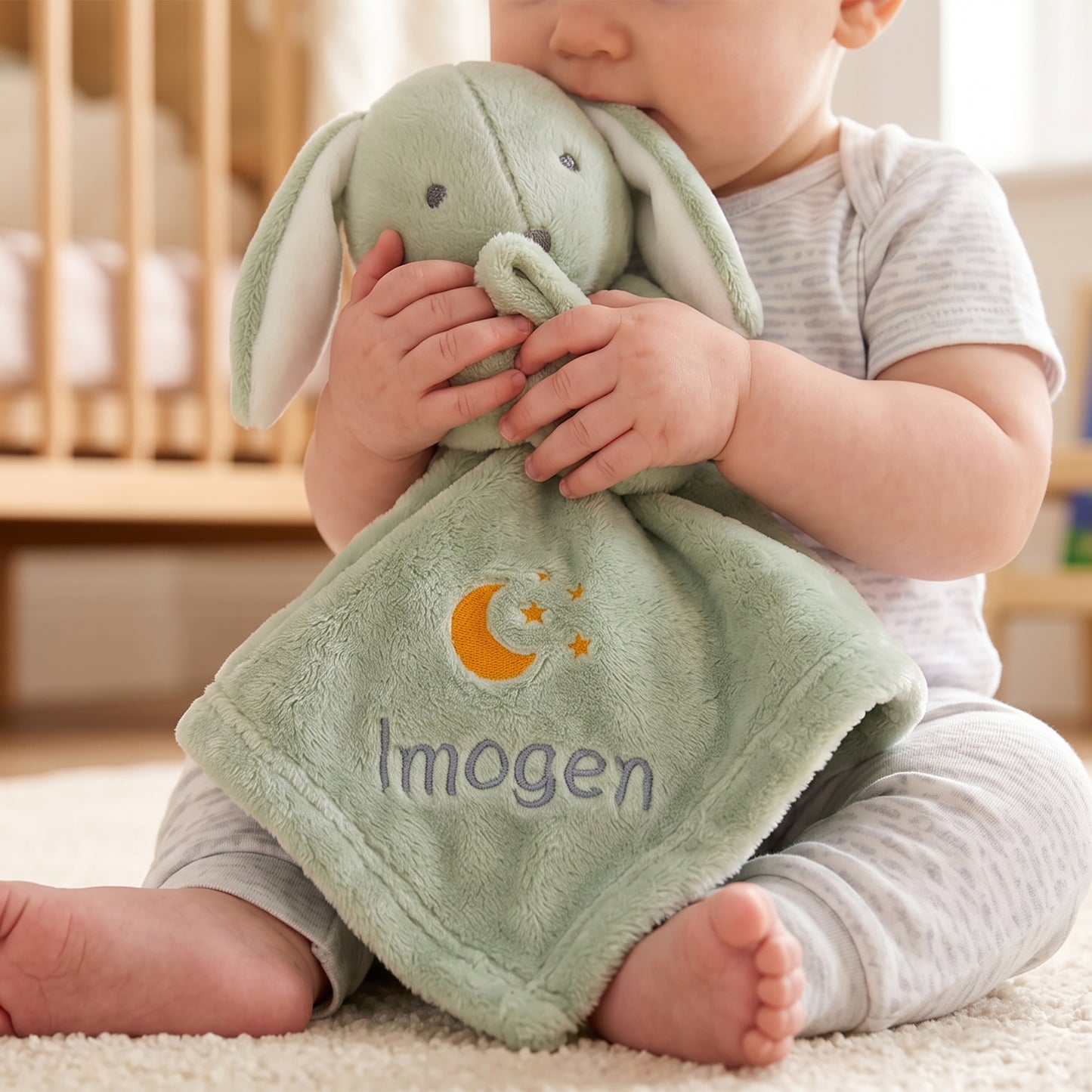 A baby sitting on a carpeted floor holds a personalized plush security blanket. The soft sage green blanket features a matching plush bunny head with white inner ears, embroidered with a yellow crescent moon and stars and the name 'Imogen' in gray.