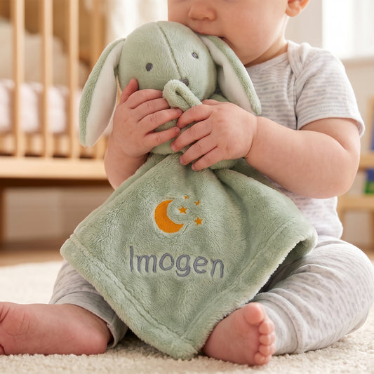 A baby sitting on a carpeted floor holds a personalized plush security blanket. The soft sage green blanket features a matching plush bunny head with white inner ears, embroidered with a yellow crescent moon and stars and the name 'Imogen' in gray.