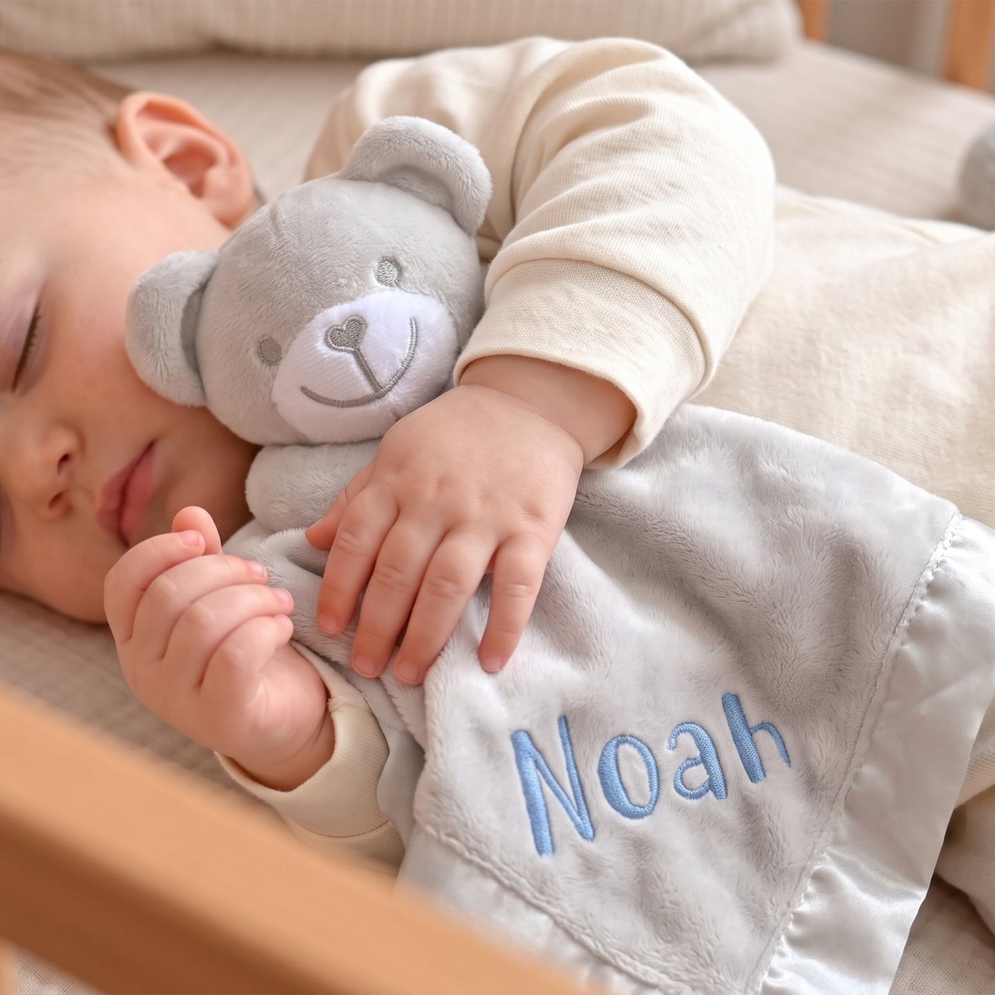 Personalised White Teddy Comforter, Satin Trim