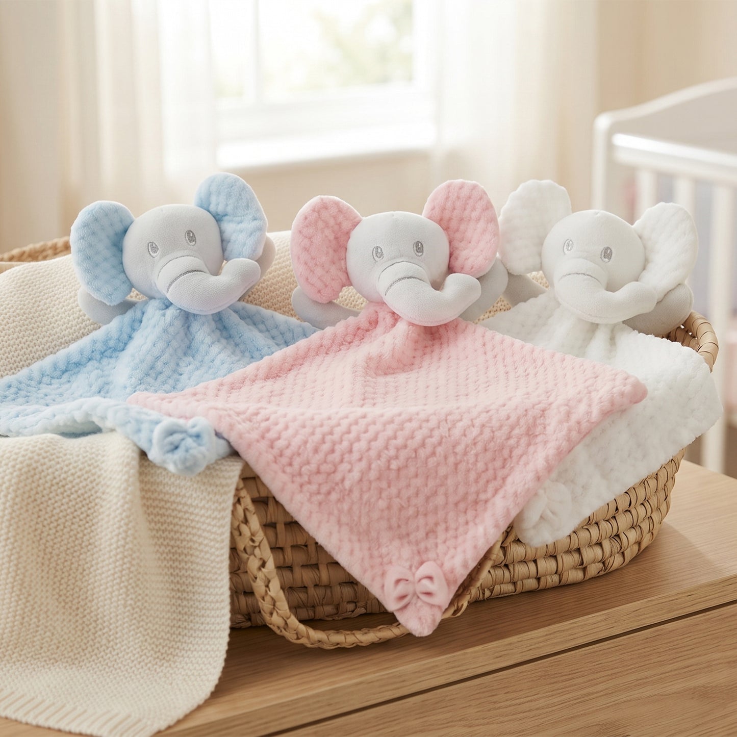 Three plush elephant comforters in light blue, pink, and white are arranged in a woven basket on a wooden surface, with soft blankets draped over them in a bright nursery setting.