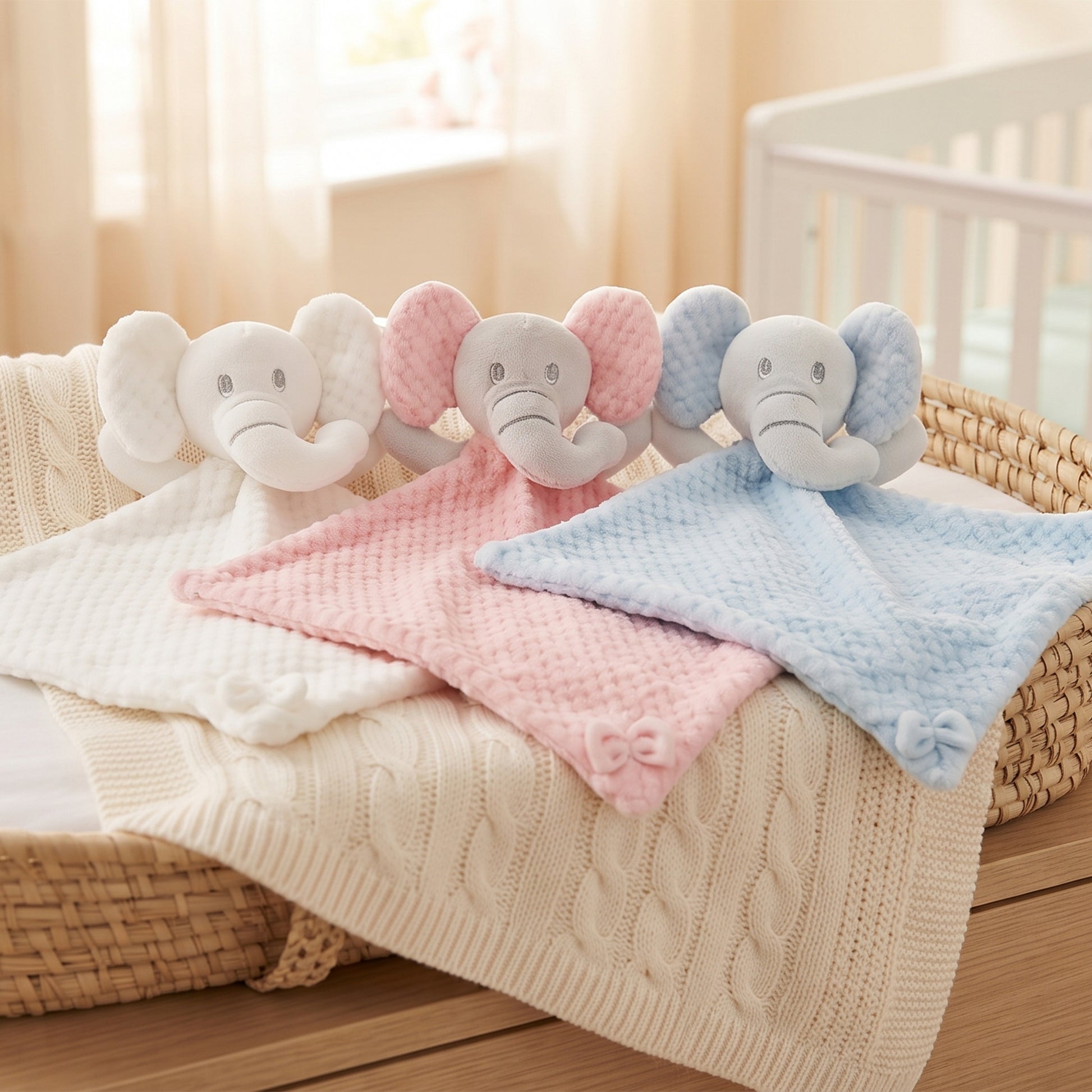 Three elephant-shaped baby lovey blankets in white, pink, and light blue, arranged on a cream cable-knit blanket inside a woven basket next to a white crib.