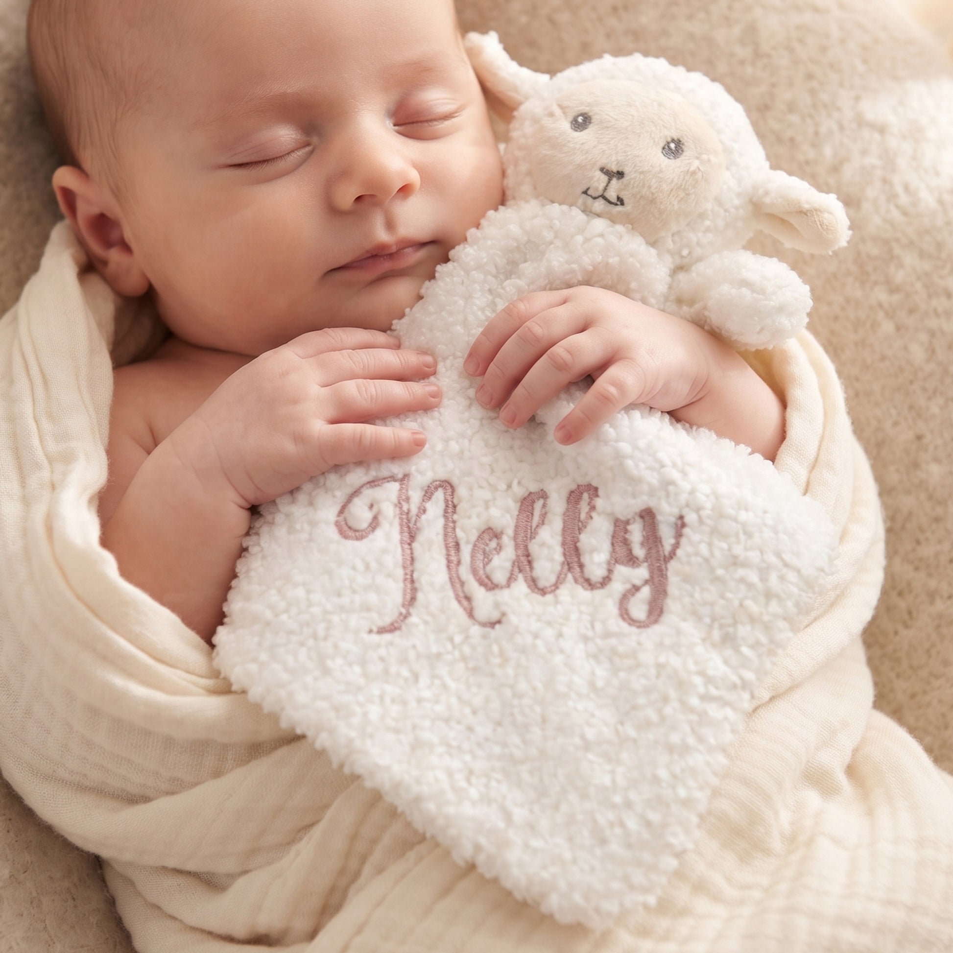 A sleeping newborn baby wrapped in a cream muslin swaddle, holding a plush white sheep toy and a white personalized blanket with the name 'Nelly' embroidered in dusty pink script.