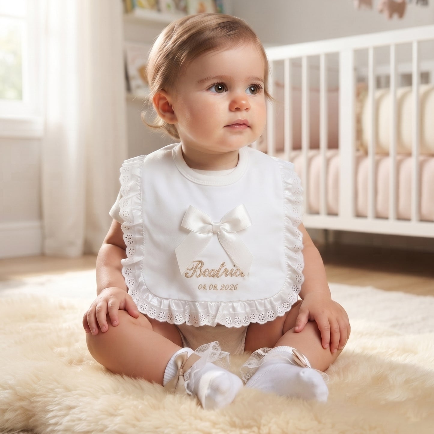 White cotton christening bib with broderie lace trim and a satin bow, embroidered with the name Beatrice and the date 04.08.2026, worn by a baby sitting on a sheepskin rug.