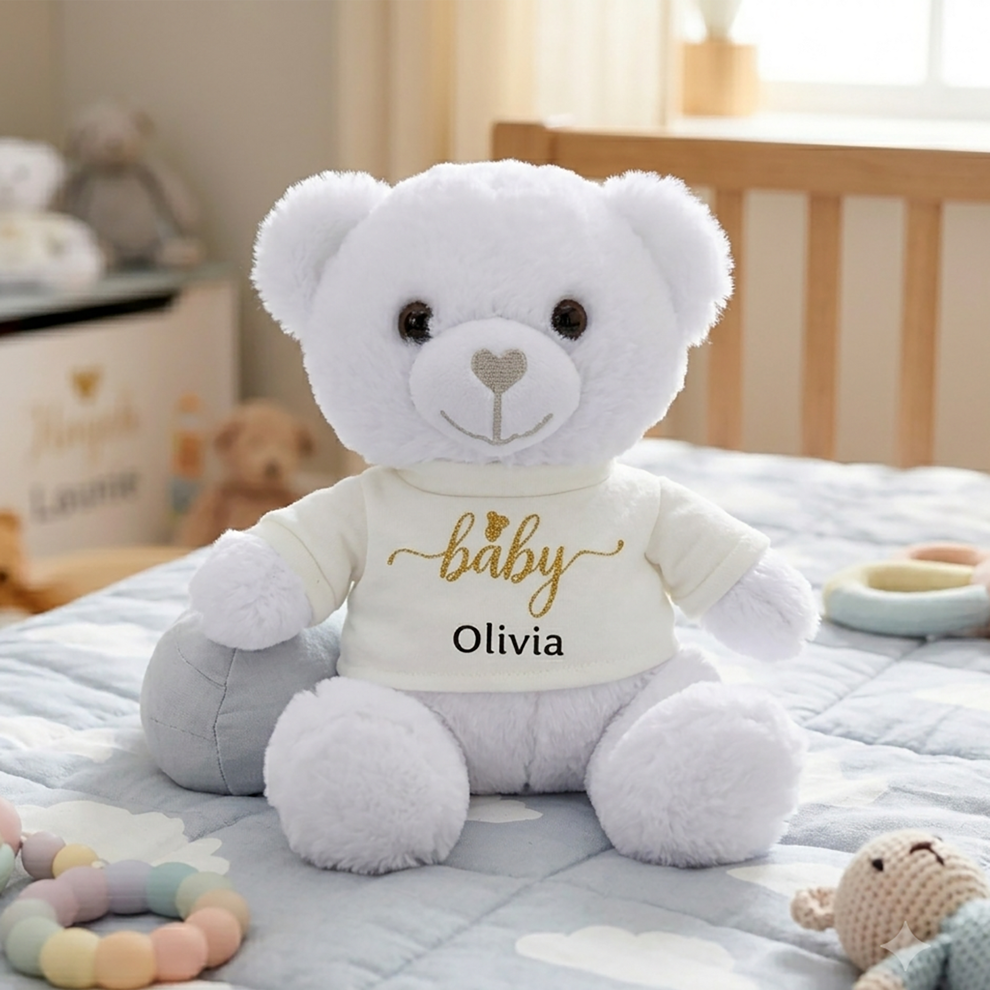White teddy bear soft toy with grey paws, wearing a cream t-shirt printed with "baby" in gold script, personalised with the name Olivia, sitting on a nursery bed.
