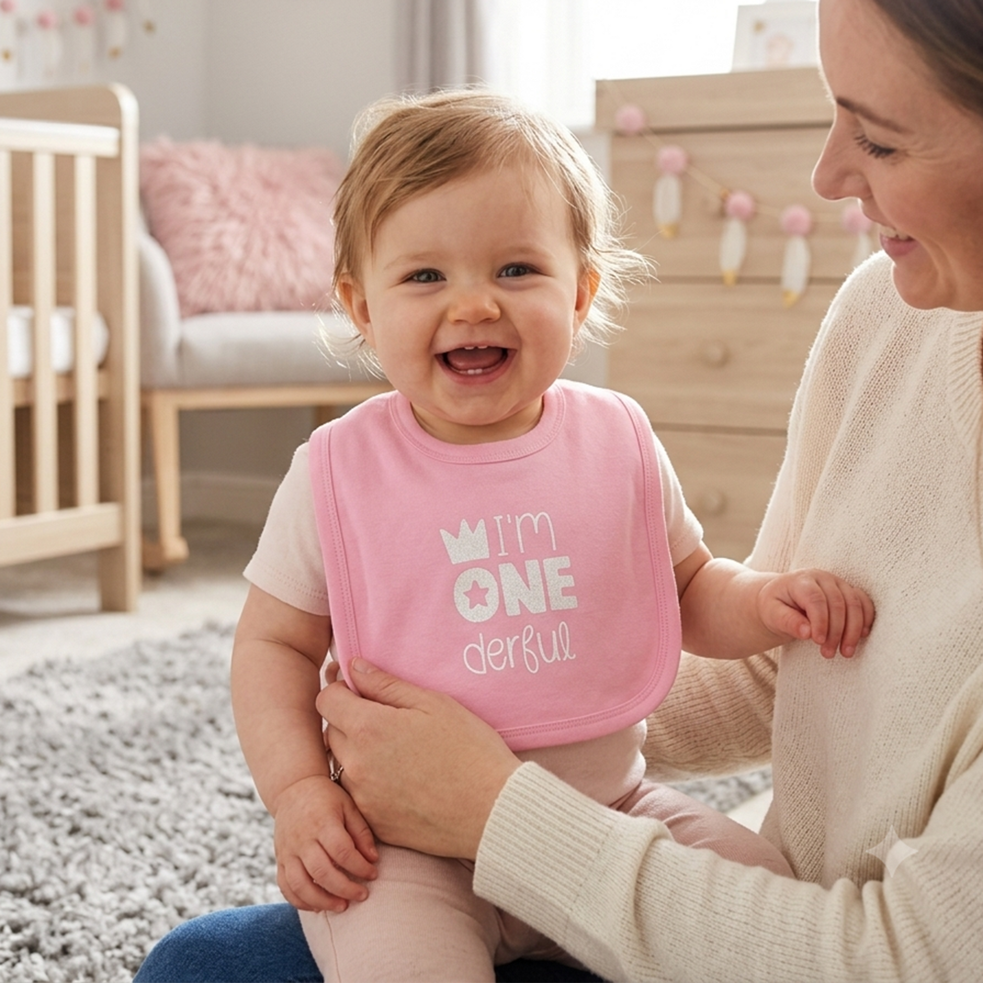 A baby wearing a pink bib with the text 'I'm ONE d*erful' sits on a mother's lap in a softly lit nursery. The bib has a white crown and star graphic.