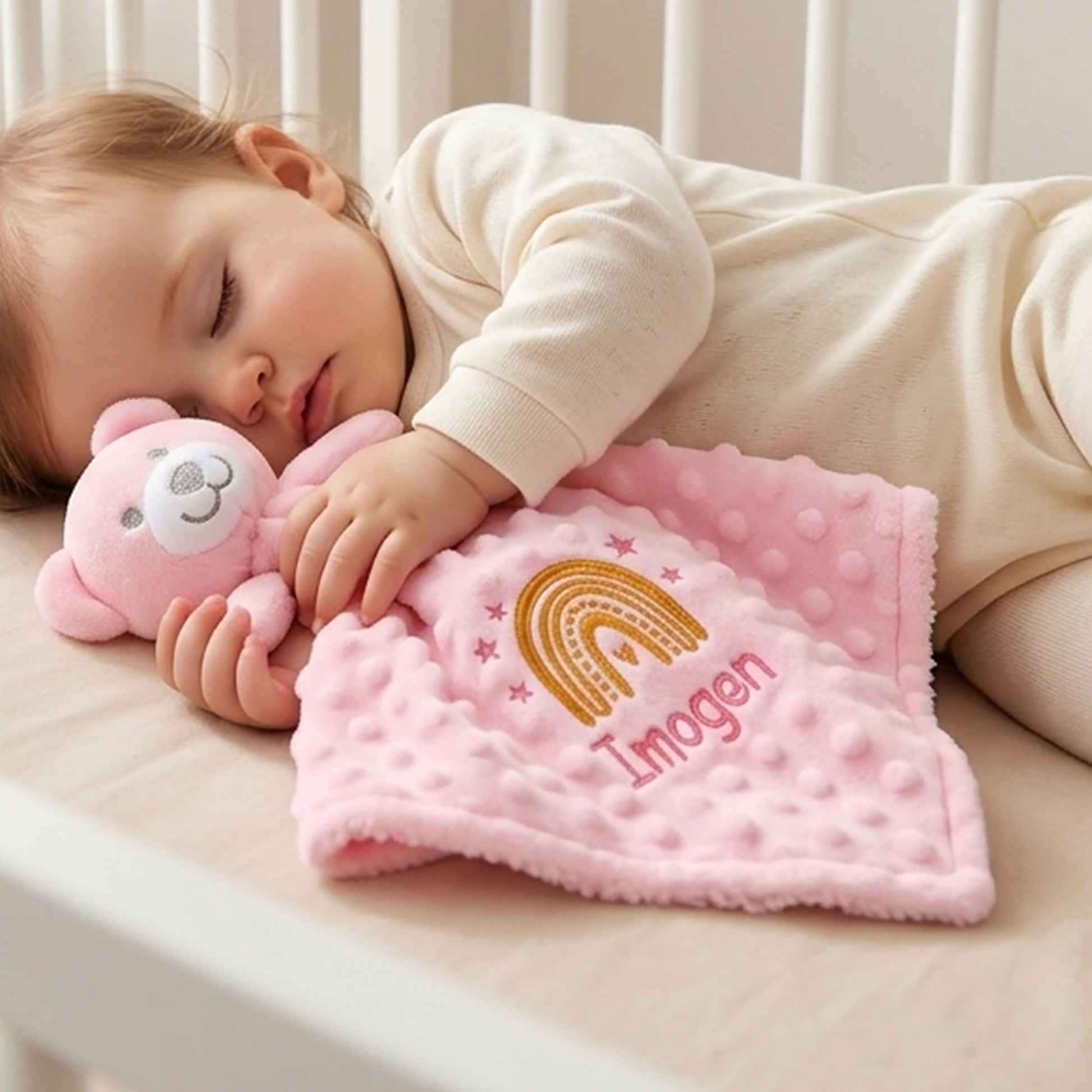 A sleeping baby in a cream onesie rests on a white crib, holding a pink plush teddy bear and a pink minky dot blanket with a gold rainbow and the name 'Imogen' embroidered on it.