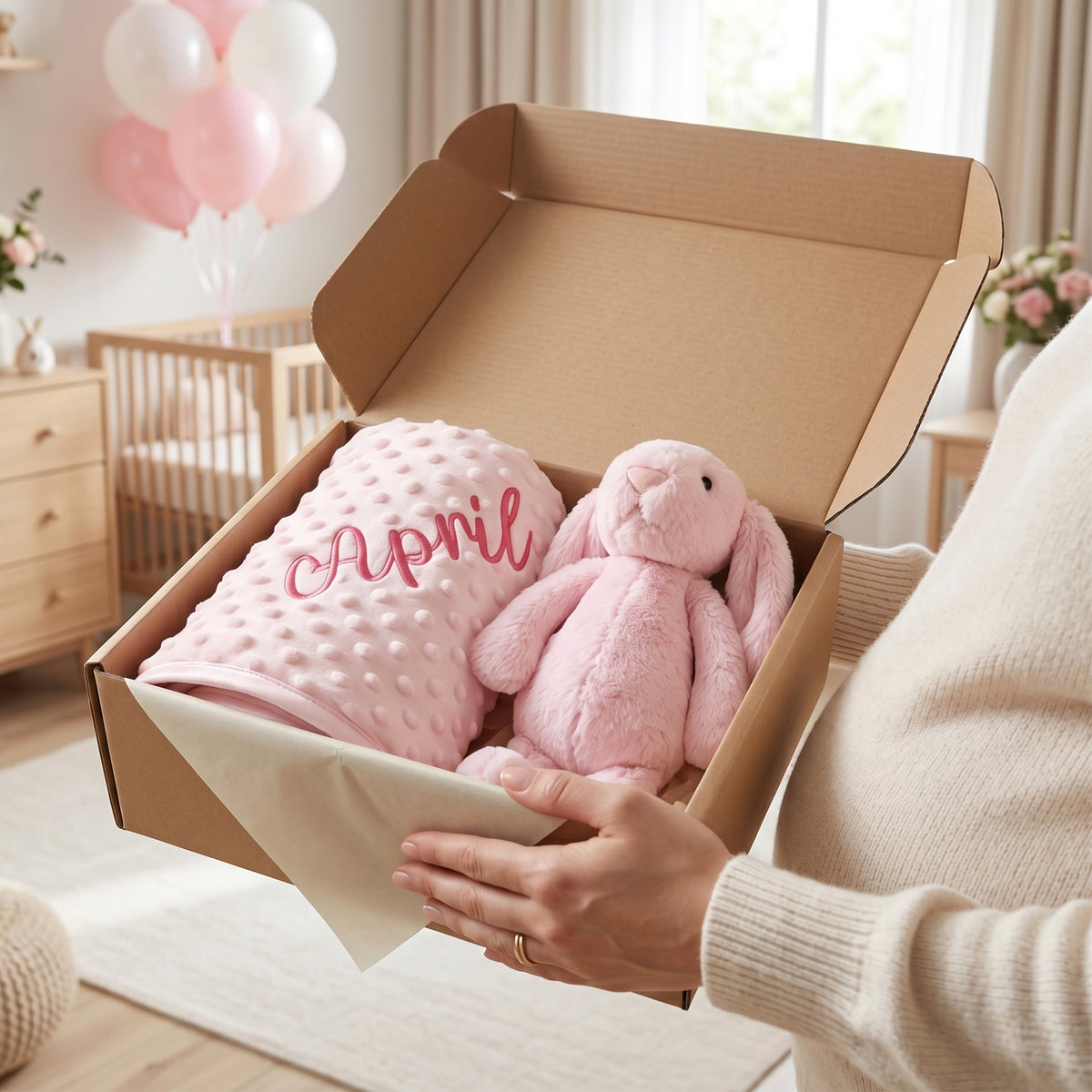 Pink bubble-textured baby blanket embroidered with the name April in pink script, packaged in a craft gift box with a matching pink plush bunny toy and cream tissue paper.