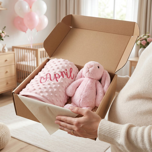 Pink bubble-textured baby blanket embroidered with the name April in pink script, packaged in a craft gift box with a matching pink plush bunny toy and cream tissue paper.