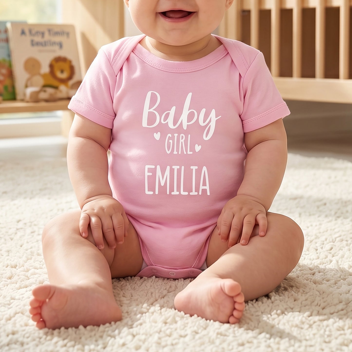 A baby sitting on a white rug wearing a pink short-sleeve bodysuit with white text that reads 'Baby Girl EMILIA' and small heart accents. The background shows a softly blurred nursery setting with a crib and bookshelf.