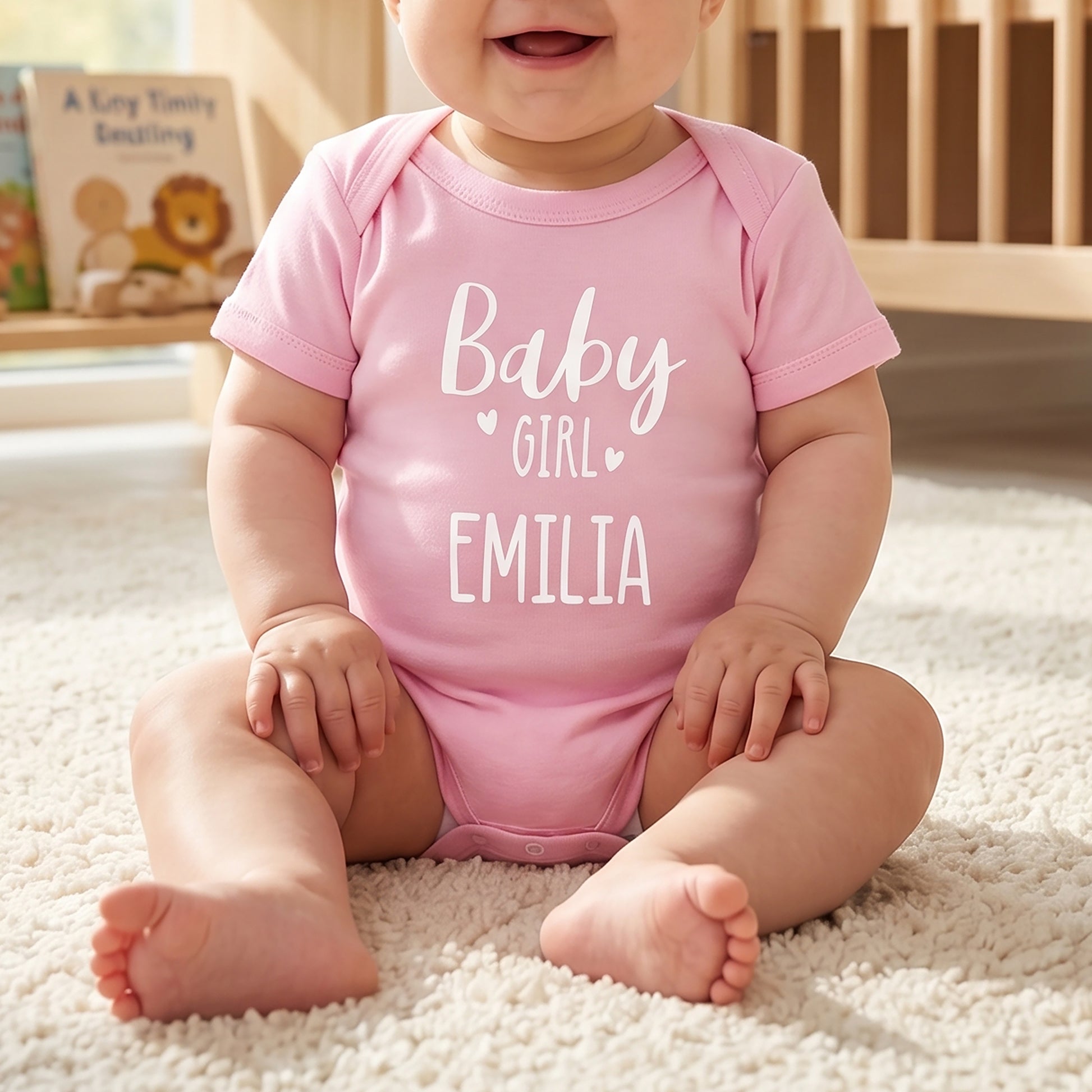 A baby sitting on a white rug wearing a pink short-sleeve bodysuit with white text that reads 'Baby Girl EMILIA' and small heart accents. The background shows a softly blurred nursery setting with a crib and bookshelf.