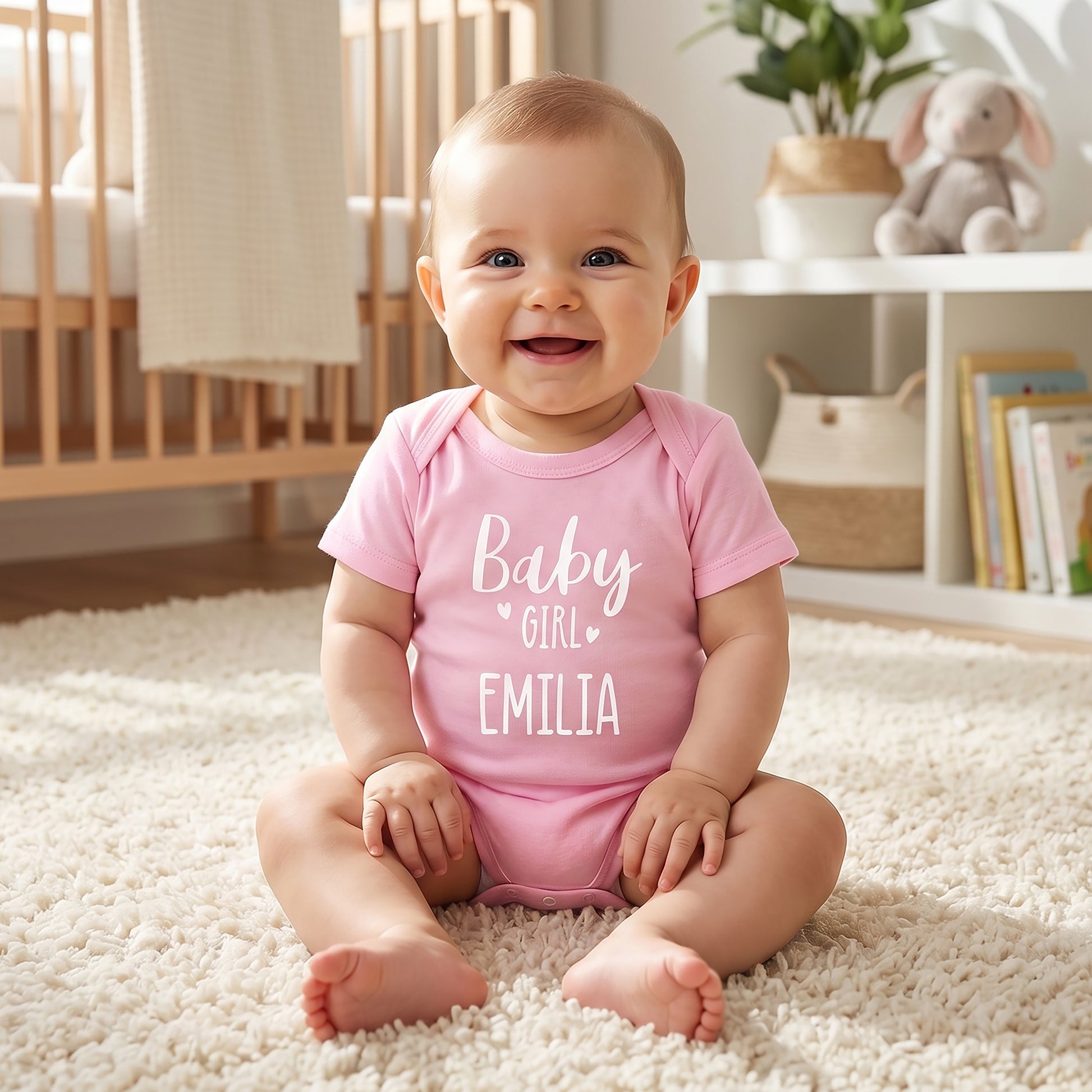 A smiling baby girl sitting on a cream rug in a nursery, wearing a pink short-sleeve bodysuit with the text 'Baby Girl EMILIA' printed in white on the front.