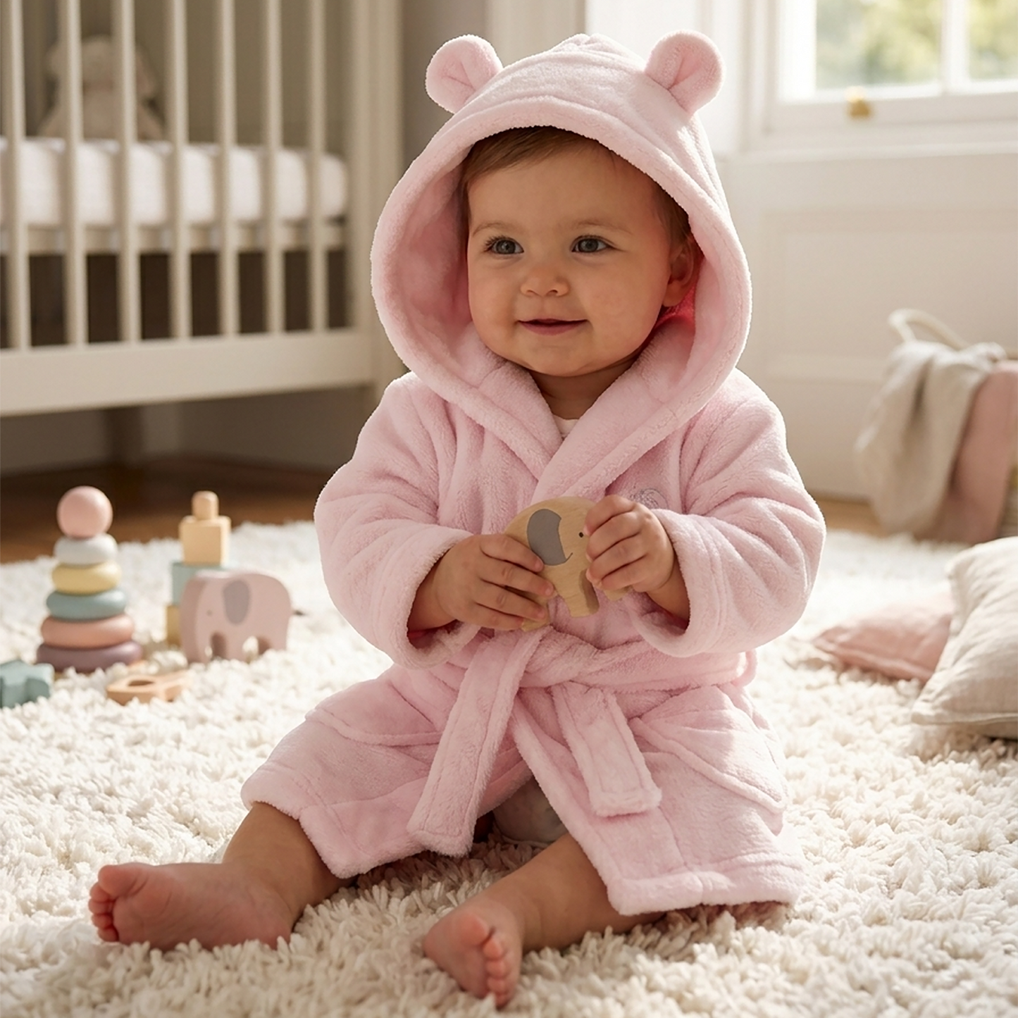 A baby sitting on a white shag rug in a nursery, wearing a light pink plush hooded bathrobe with bear ears and holding a small wooden elephant toy.