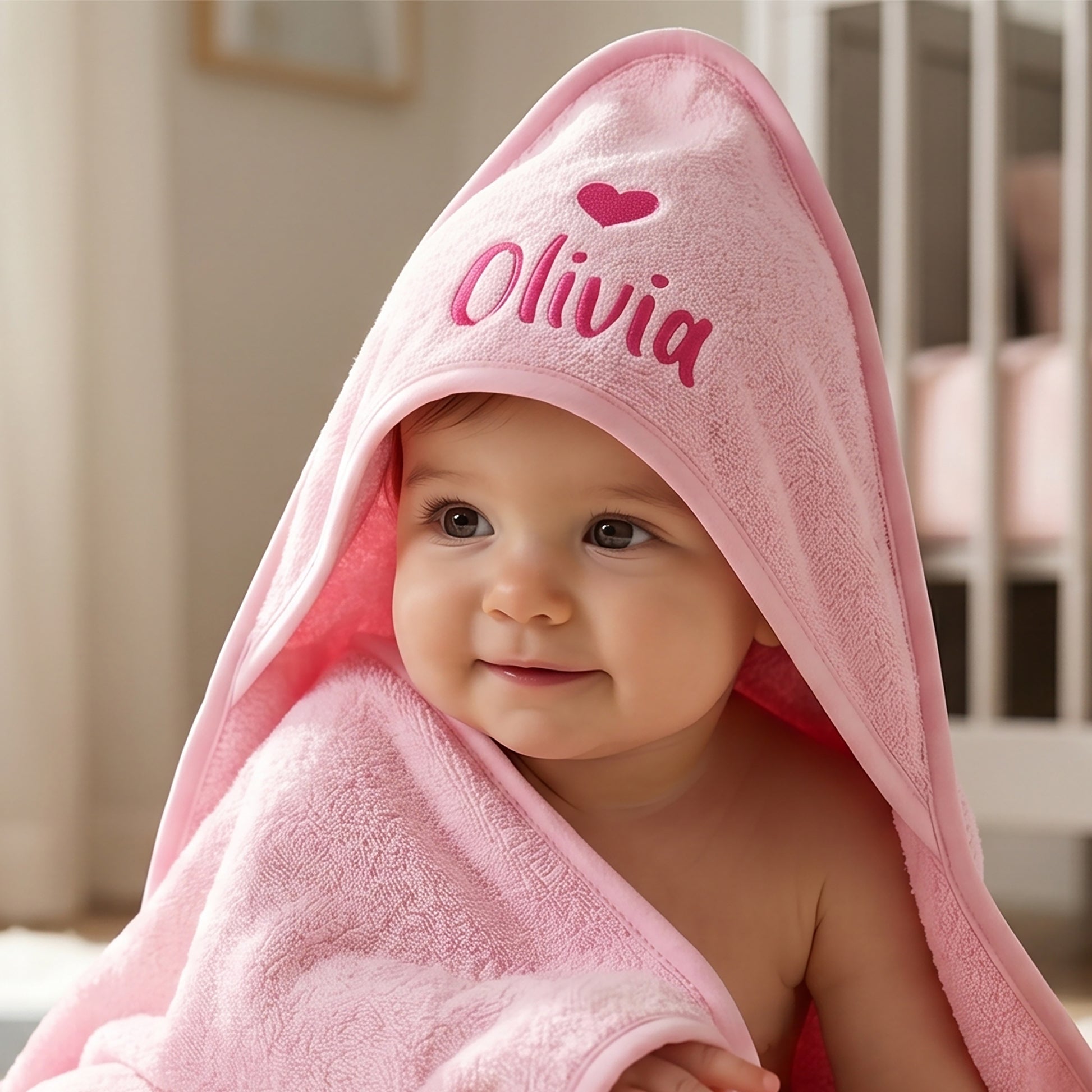 Pink hooded baby towel with a small embroidered heart above the name Olivia in dark pink thread, worn by a baby sitting upright.