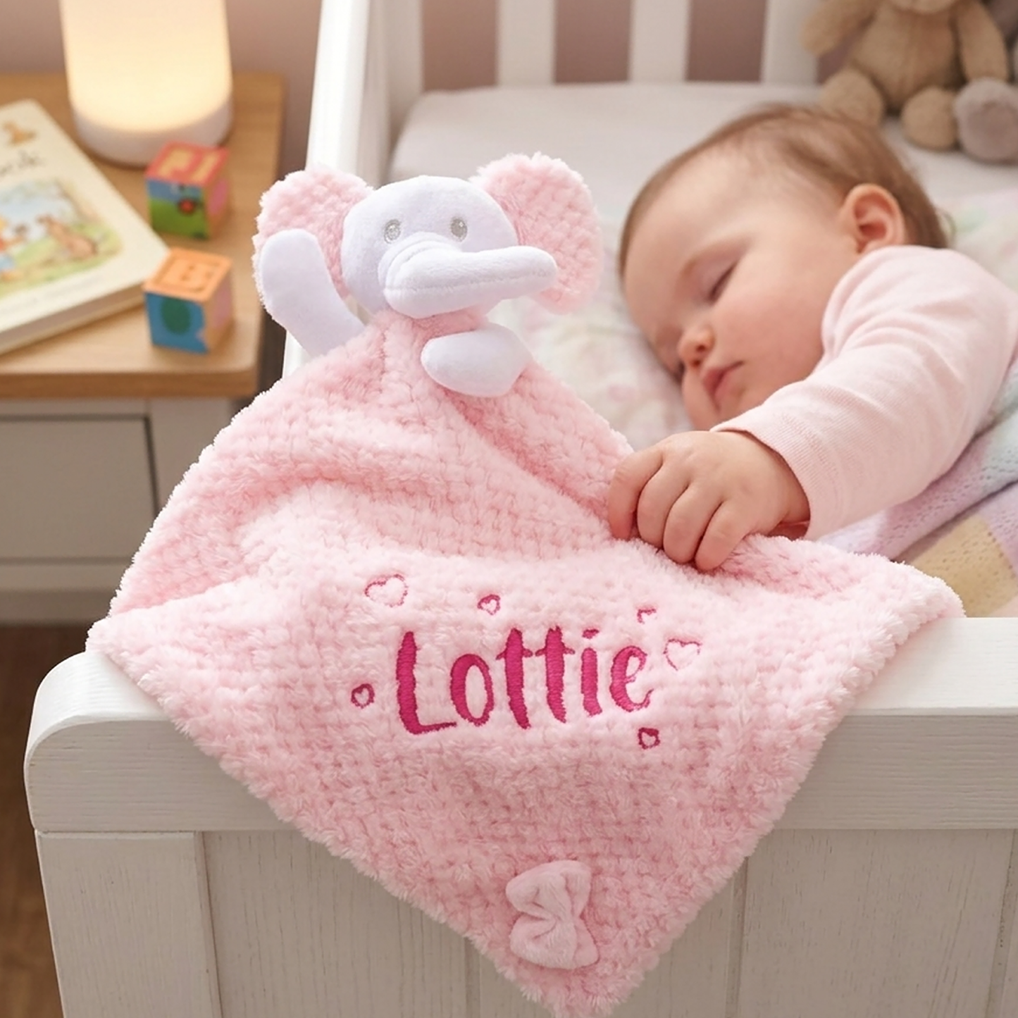 A baby sleeping in a white crib while holding a pink plush lovey blanket with an elephant head and the name 'Lottie' embroidered on it.