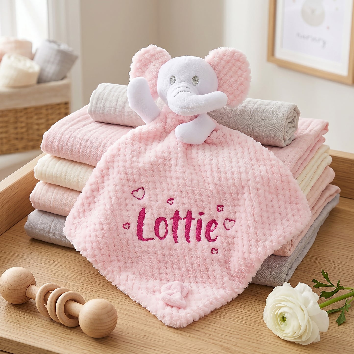 A pink waffle-texture baby lovey blanket with a plush elephant head and the name 'Lottie' embroidered in pink, styled on top of folded pastel blankets on a wooden surface.