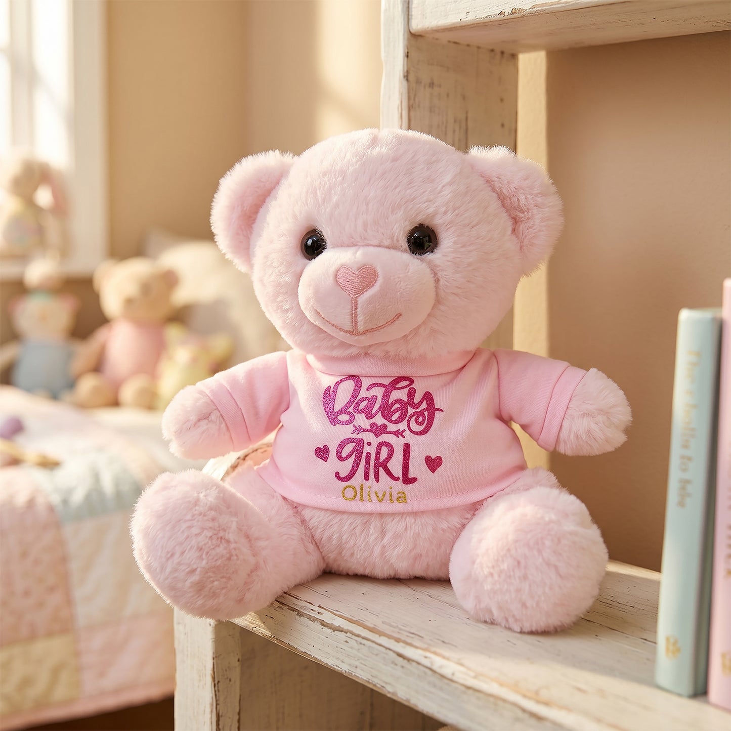 A pink plush teddy bear sitting on a wooden shelf in a softly lit nursery-like room. The bear wears a pink shirt with the words 'Baby Girl Olivia' in pink and gold lettering.