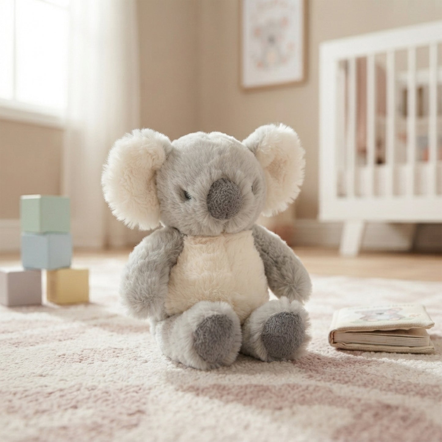 Small grey and cream recycled fabric koala soft toy sitting on a nursery rug next to pastel wooden blocks.