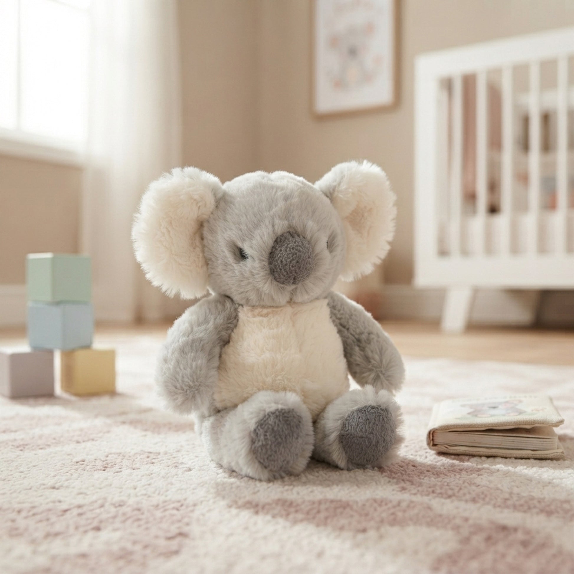 Small grey and cream recycled fabric koala soft toy sitting on a nursery rug next to pastel wooden blocks.