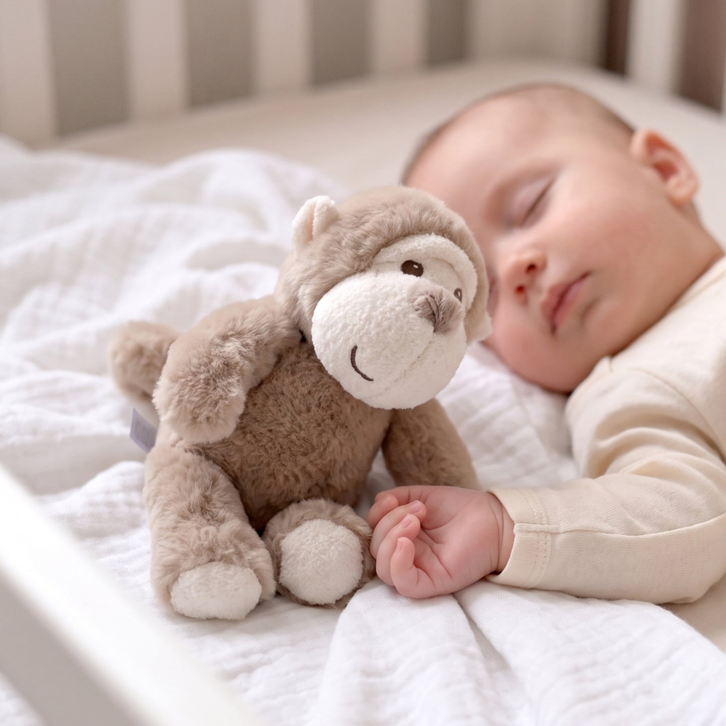 Small tan and cream recycled fabric monkey soft toy resting beside a sleeping baby in a cot.