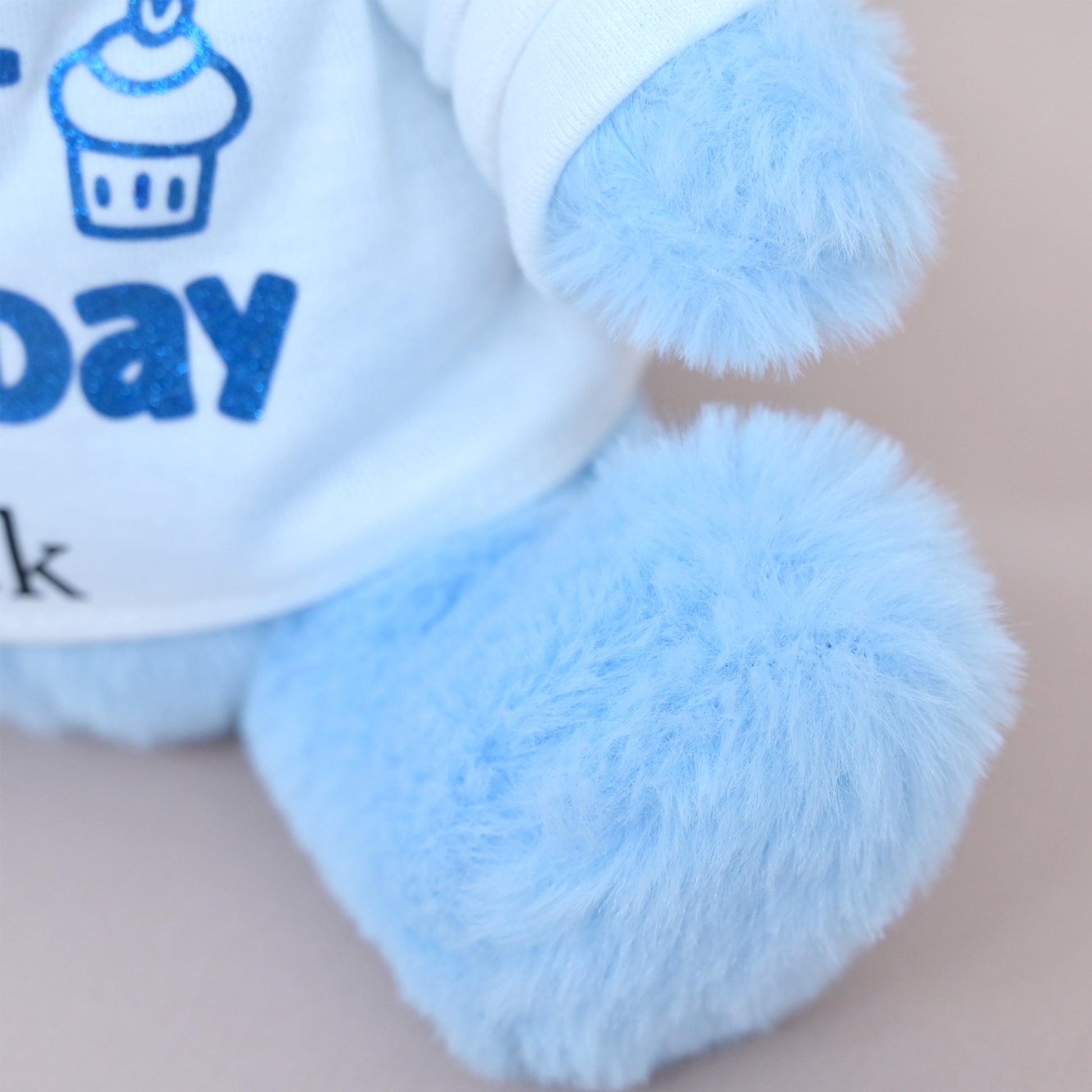 Close-up of a plush toy or stuffed animal with fluffy light blue limbs and a white body wearing a white shirt with blue text and a cupcake graphic.