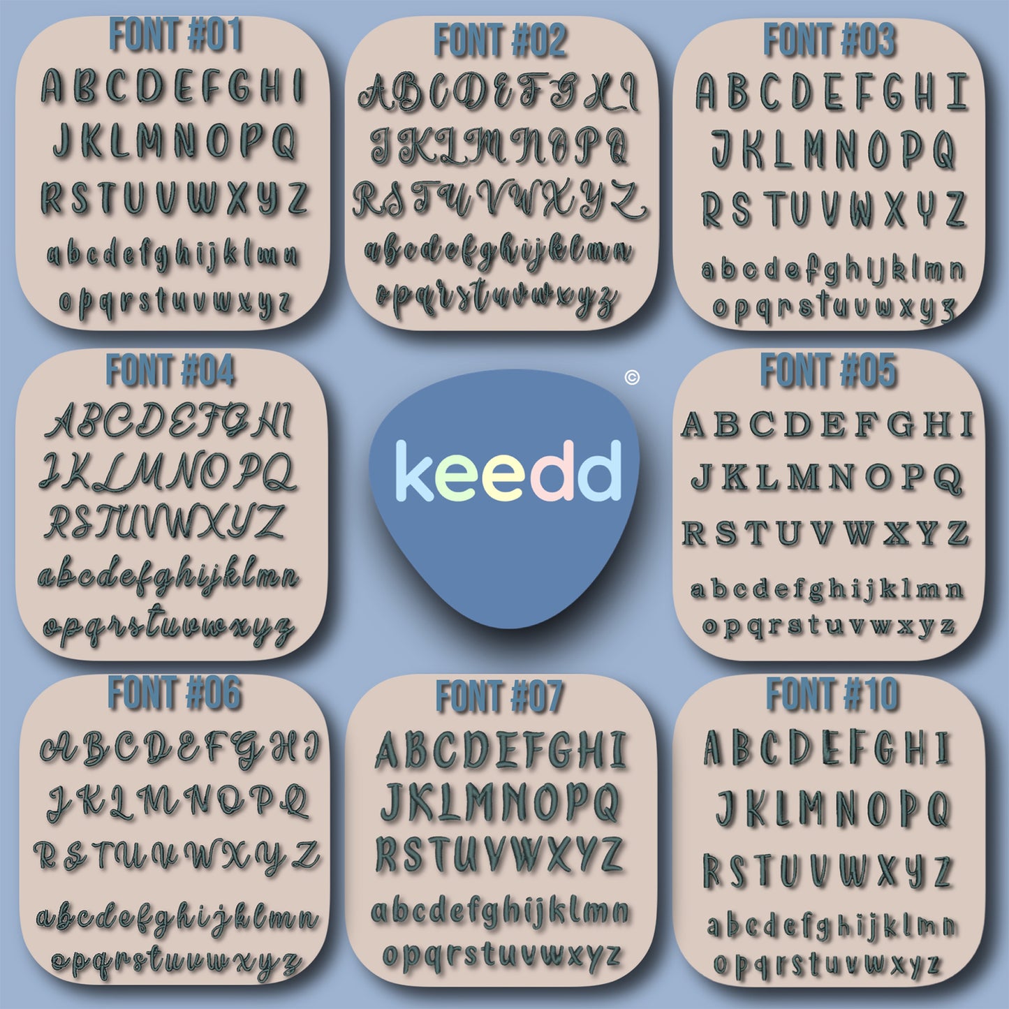 A set of ten font preview cards labeled Font #01 through Font #10 arranged around a central blue badge reading keedd, showing uppercase and lowercase alphabet letterforms on a light blue background.