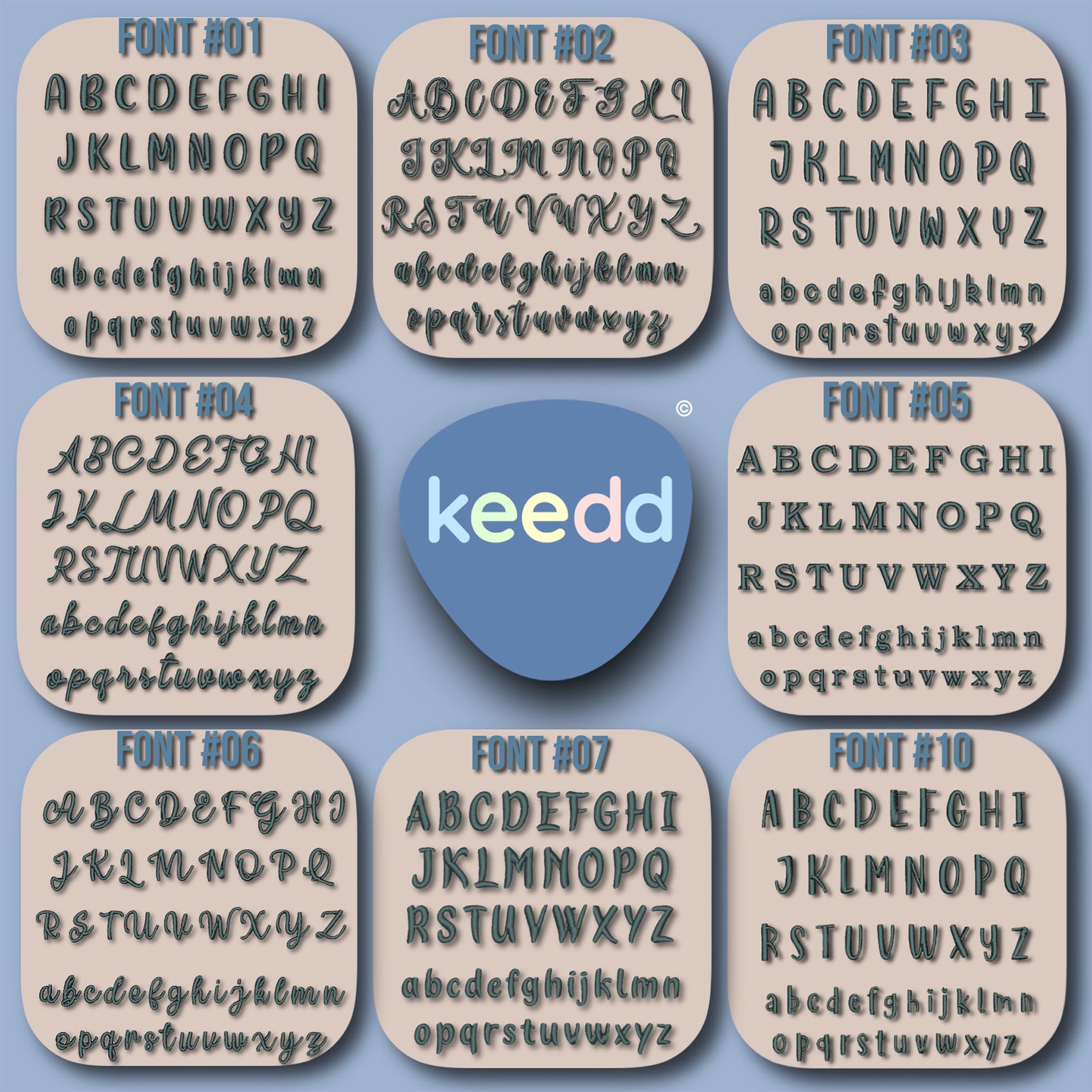 A set of ten font preview cards labeled Font #01 through Font #10 arranged around a central blue badge reading keedd, showing uppercase and lowercase alphabet letterforms on a light blue background.