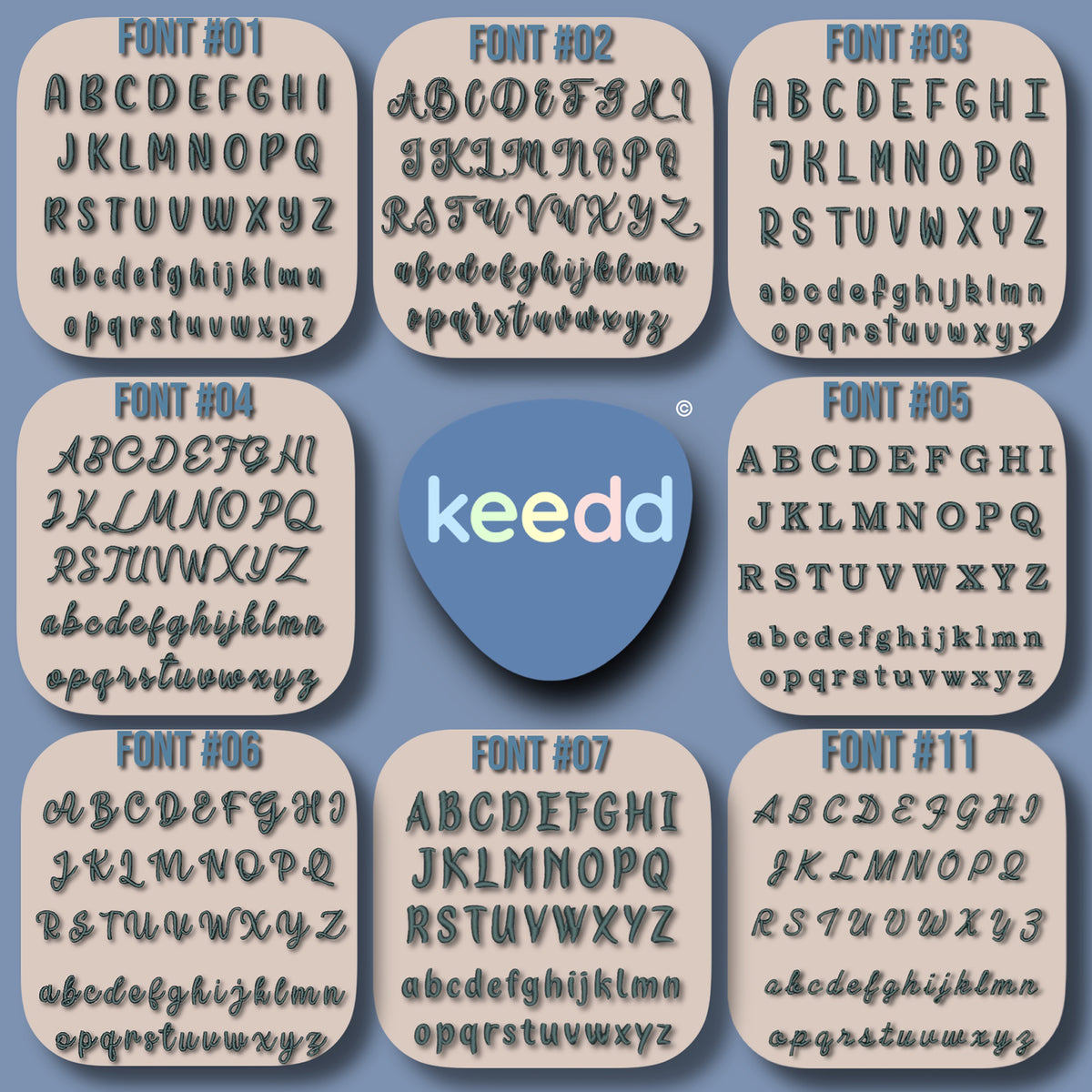 A digital preview sheet showing multiple font style options labeled FONT #01 through FONT #11 arranged around a central blue teardrop logo reading keedd. Each rounded beige card displays a different lettering style with uppercase and lowercase alphabet characters on a muted blue-gray background.