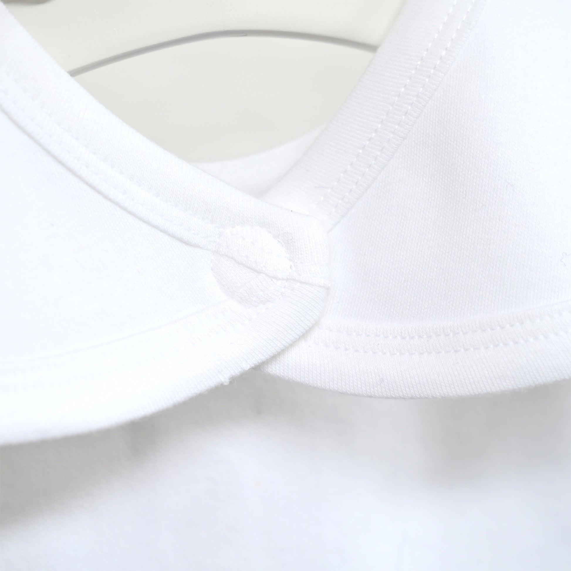 Close-up detail of a white garment showing the collar construction with a button closure and fine stitching.