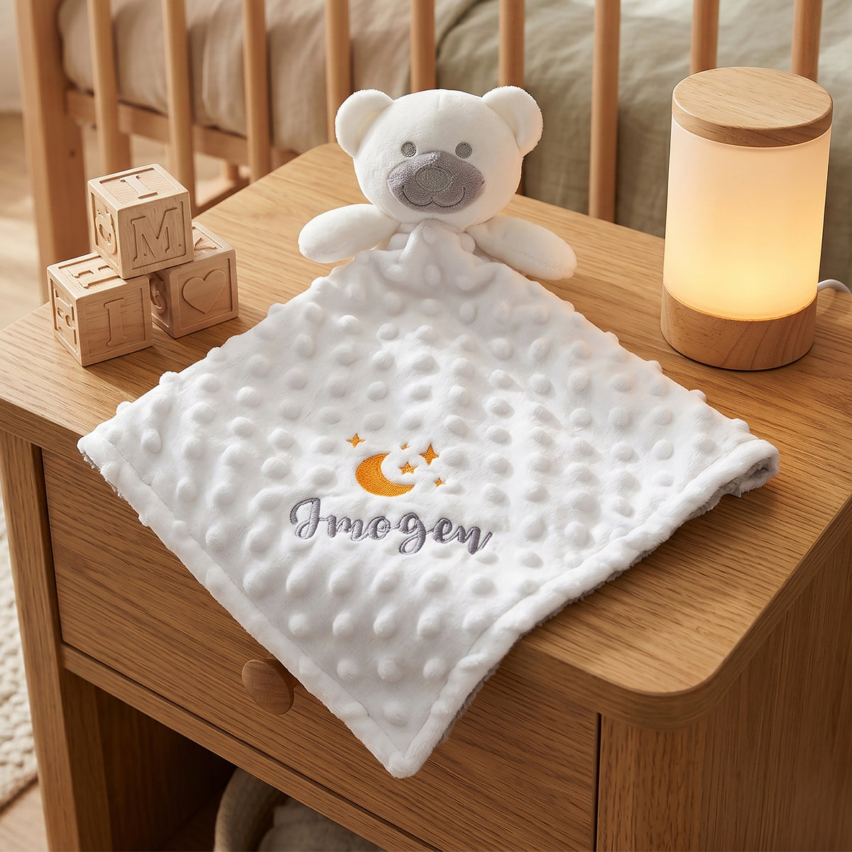 Personalised White Bubble Teddy Comforter, Moon Print