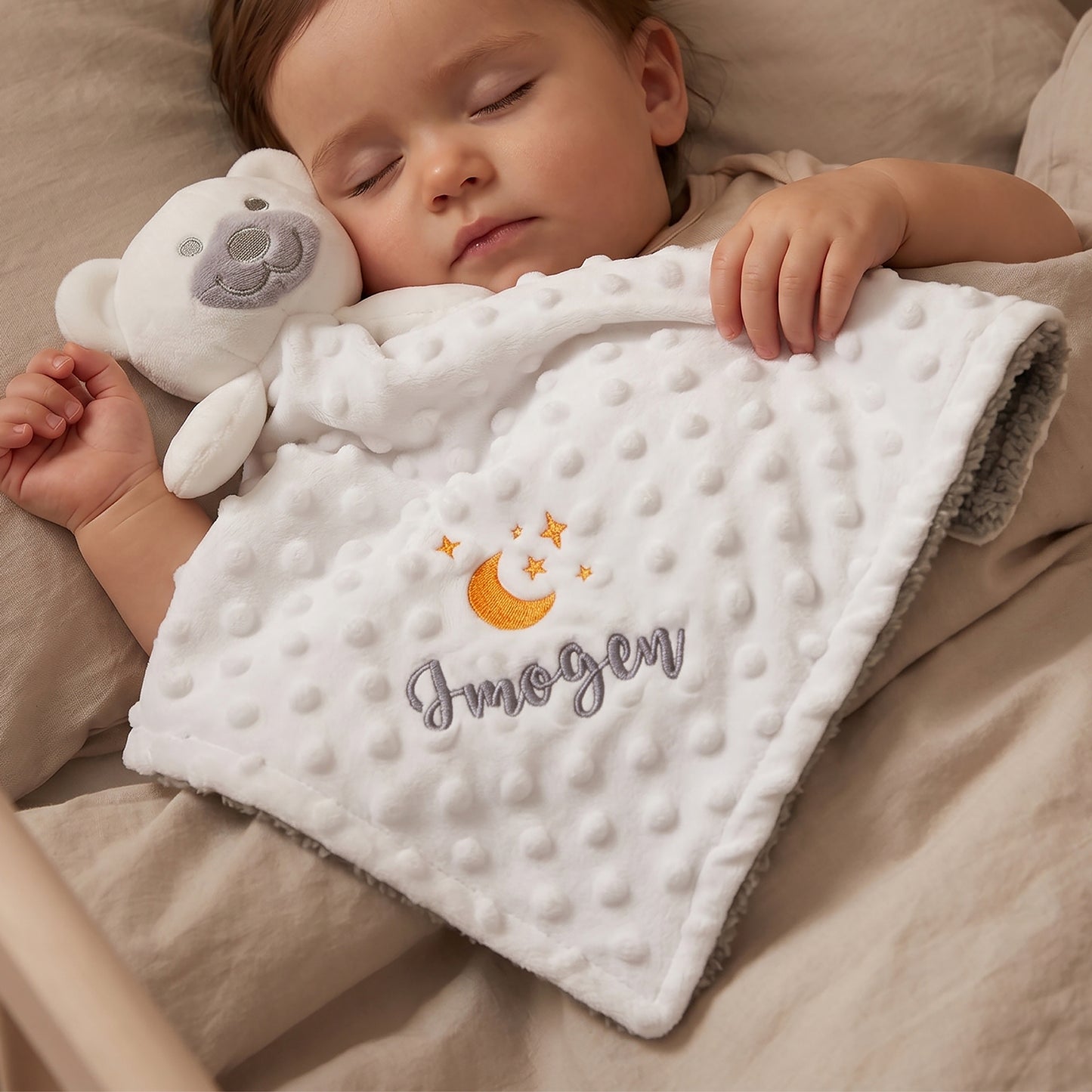 Personalised White Bubble Teddy Comforter, Moon Print