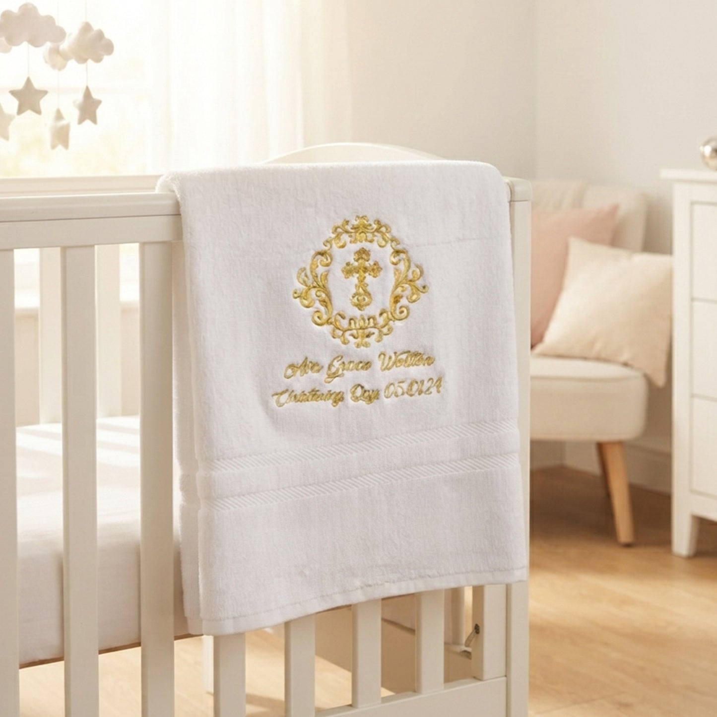 Personalised Christening Bath Towel – Gold Wreath & Cross