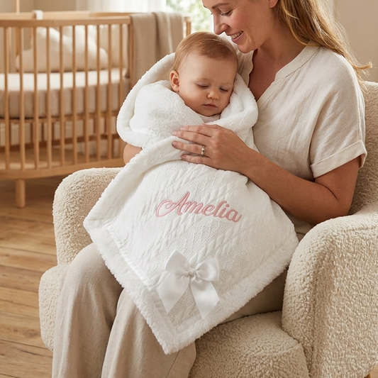 A woman sitting in a cream boucle armchair holds a baby wrapped in a white plush blanket with the name 'Amelia' embroidered in pink and a white bow at the corner. A wooden crib is visible in the softly lit nursery background.